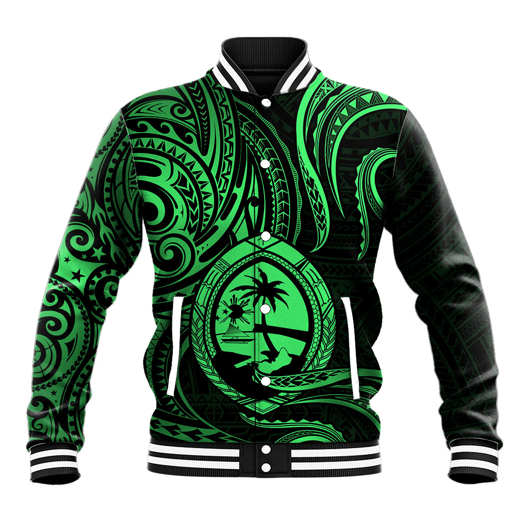 Polynesian Pride Guam Baseball Jacket With Polynesian Tribal Tattoo and Coat of Arms Green Version LT9 Unisex Green - Polynesian Pride