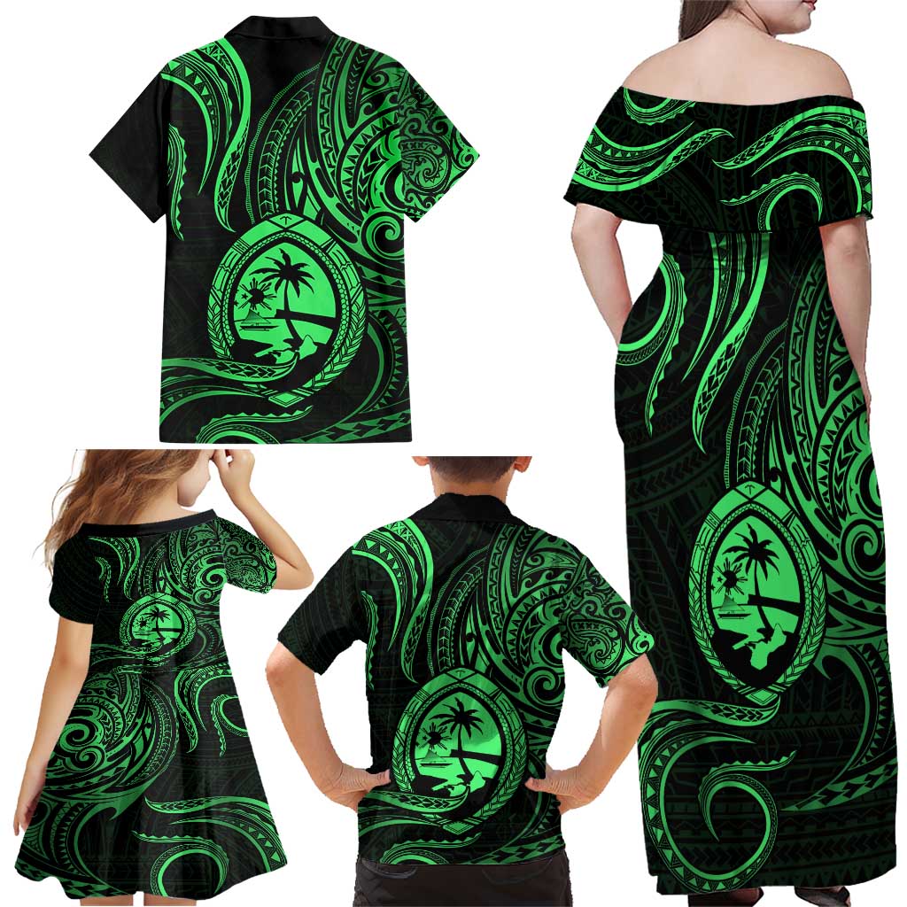 Polynesian Guam Coat of Arms Family Matching Off Shoulder Maxi Dress and Hawaiian Shirt Polynesian Tribal Tattoo Green Version
