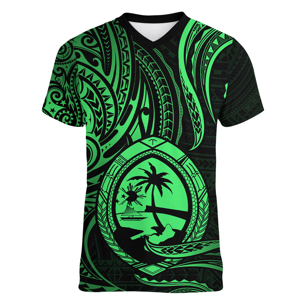 Polynesian Pride Guam Women V Neck T Shirt With Polynesian Tribal Tattoo and Coat of Arms Green Version LT9 - Polynesian Pride
