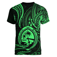 Polynesian Pride Guam Women V Neck T Shirt With Polynesian Tribal Tattoo and Coat of Arms Green Version LT9 - Polynesian Pride