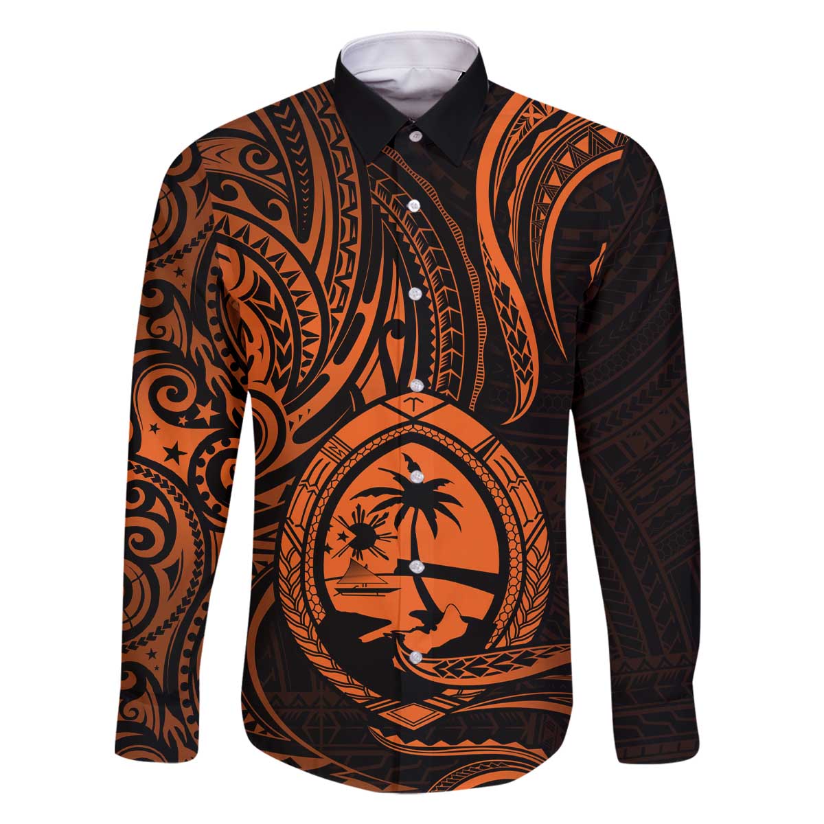 Polynesian Guam Coat of Arms Family Matching Off The Shoulder Long Sleeve Dress and Hawaiian Shirt Polynesian Tribal Tattoo Orange Version