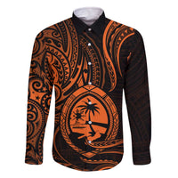 Polynesian Guam Coat of Arms Family Matching Off The Shoulder Long Sleeve Dress and Hawaiian Shirt Polynesian Tribal Tattoo Orange Version