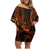 Polynesian Guam Coat of Arms Family Matching Off Shoulder Short Dress and Hawaiian Shirt Polynesian Tribal Tattoo Orange Version