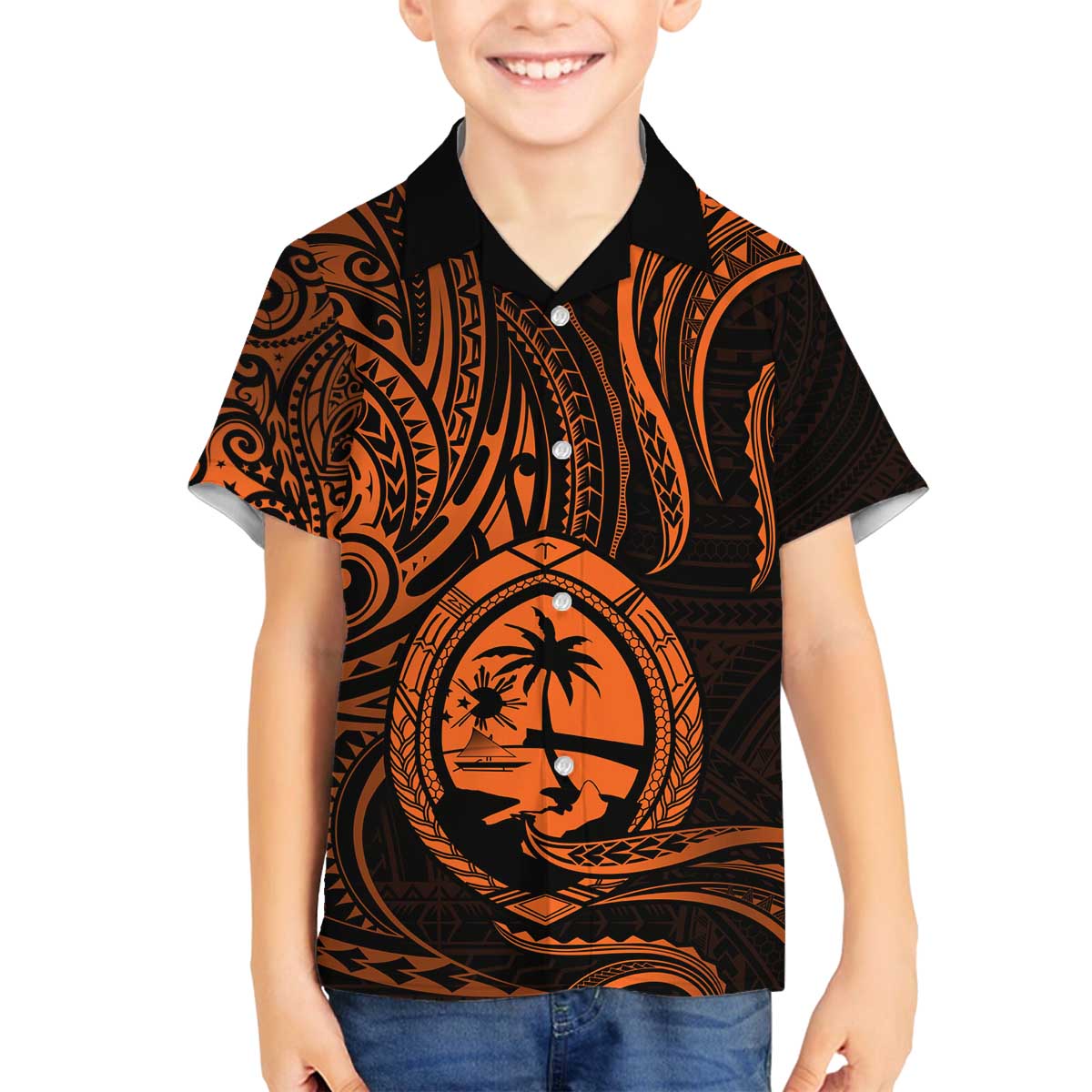 Polynesian Guam Coat of Arms Family Matching Puletasi and Hawaiian Shirt Polynesian Tribal Tattoo Orange Version