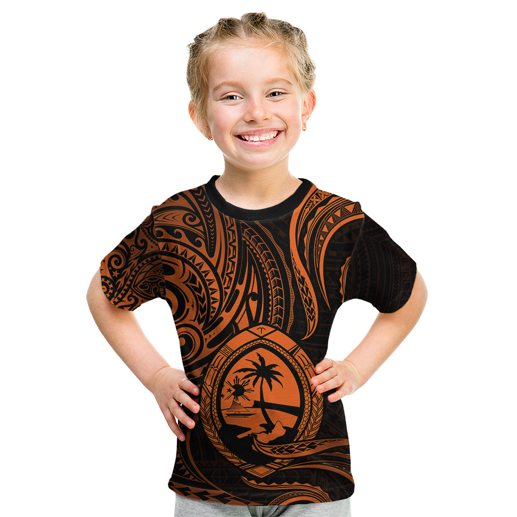 Polynesian Pride Guam Kid T Shirt With Polynesian Tribal Tattoo and Coat of Arms Orange Version LT9 Orange - Polynesian Pride