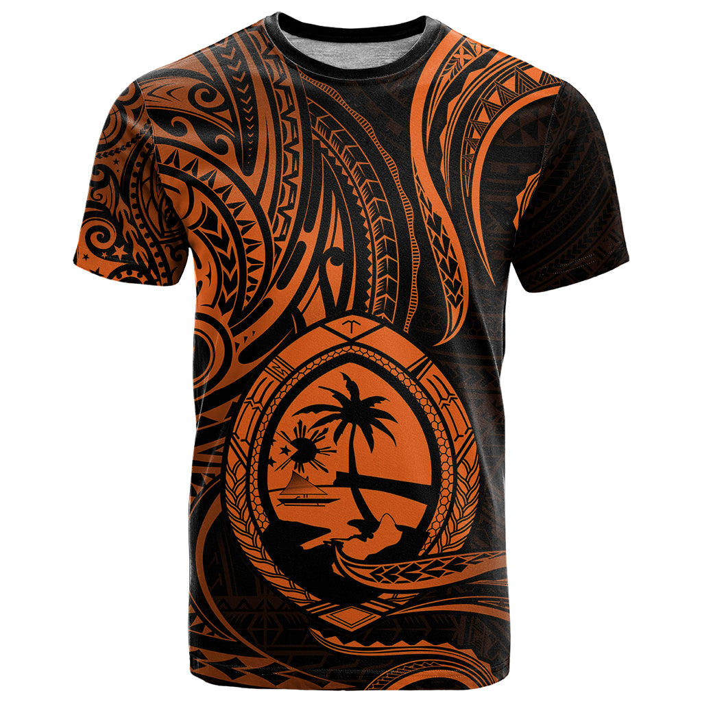 Polynesian Pride Guam T Shirt With Polynesian Tribal Tattoo and Coat of Arms Orange Version LT9 Orange - Polynesian Pride