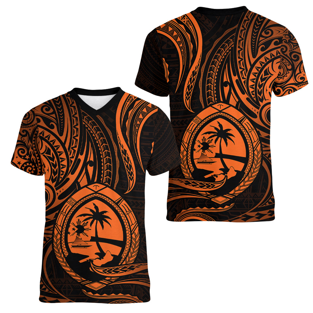 Polynesian Pride Guam Women V Neck T Shirt With Polynesian Tribal Tattoo and Coat of Arms Orange Version LT9 Female Orange - Polynesian Pride