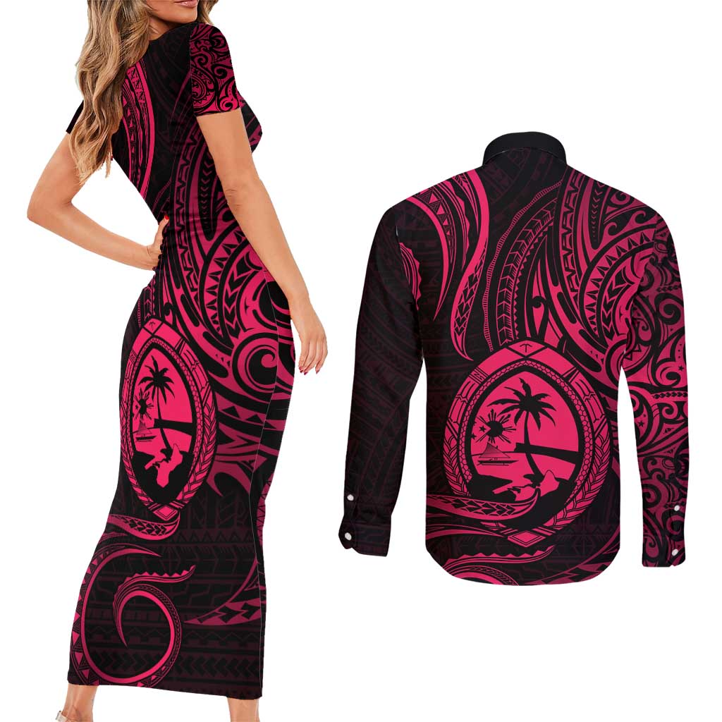 Polynesian Guam Coat of Arms Couples Matching Short Sleeve Bodycon Dress and Long Sleeve Button Shirt Polynesian Tribal Tattoo Pink Version