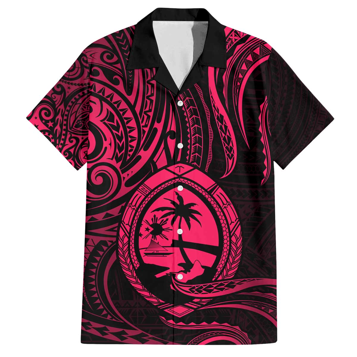 Polynesian Guam Coat of Arms Family Matching Off Shoulder Short Dress and Hawaiian Shirt Polynesian Tribal Tattoo Pink Version