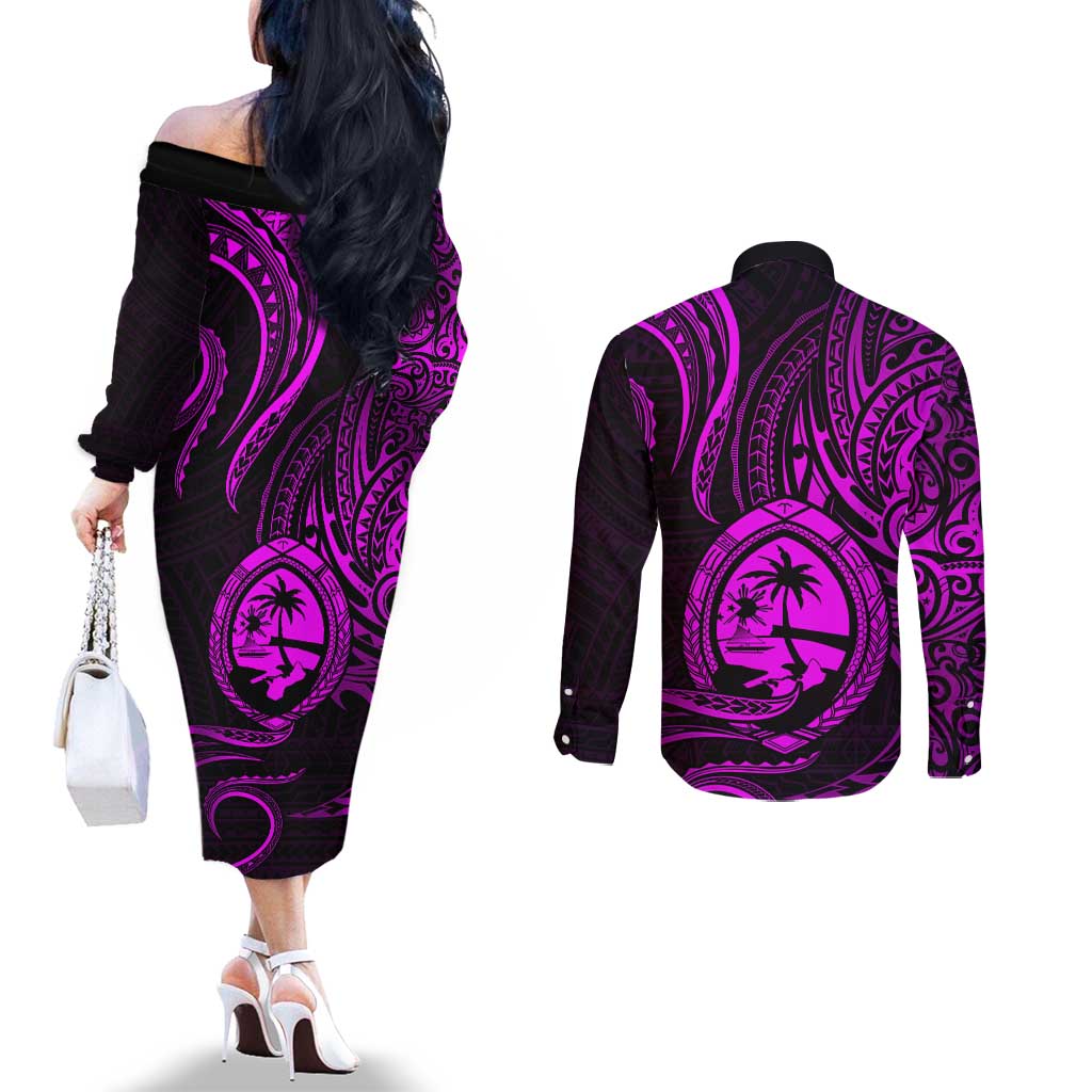Polynesian Guam Coat of Arms Couples Matching Off The Shoulder Long Sleeve Dress and Long Sleeve Button Shirt Polynesian Tribal Tattoo Purple Version