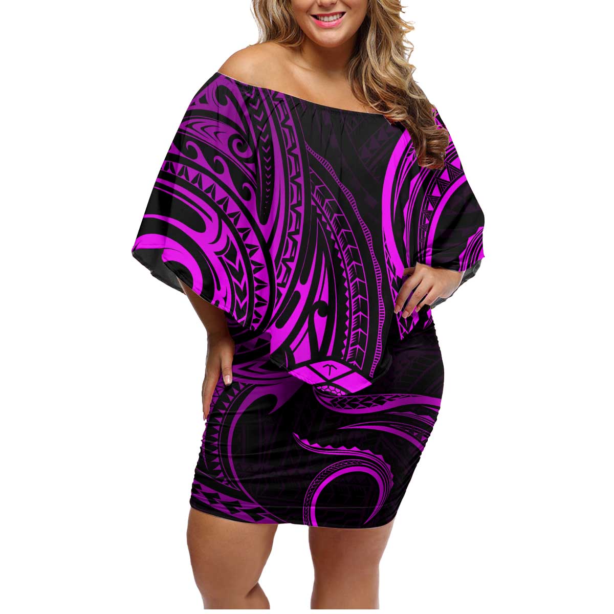 Polynesian Guam Coat of Arms Family Matching Off Shoulder Short Dress and Hawaiian Shirt Polynesian Tribal Tattoo Purple Version