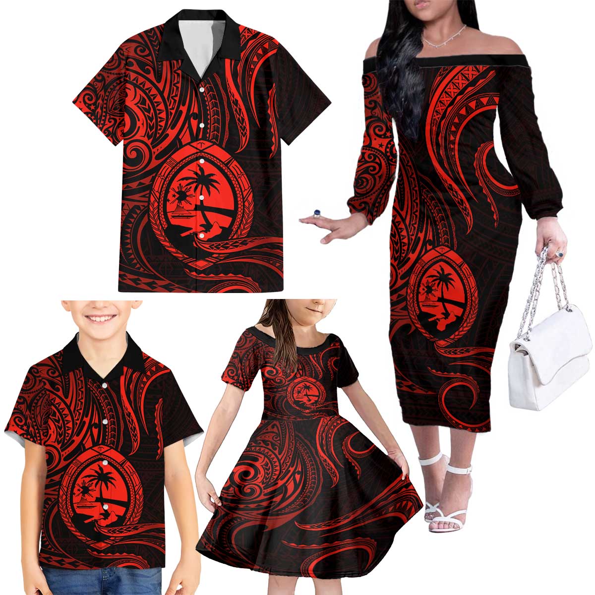 Polynesian Guam Coat of Arms Family Matching Off The Shoulder Long Sleeve Dress and Hawaiian Shirt Polynesian Tribal Tattoo Red Version