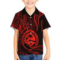 Polynesian Guam Coat of Arms Family Matching Off Shoulder Short Dress and Hawaiian Shirt Polynesian Tribal Tattoo Red Version