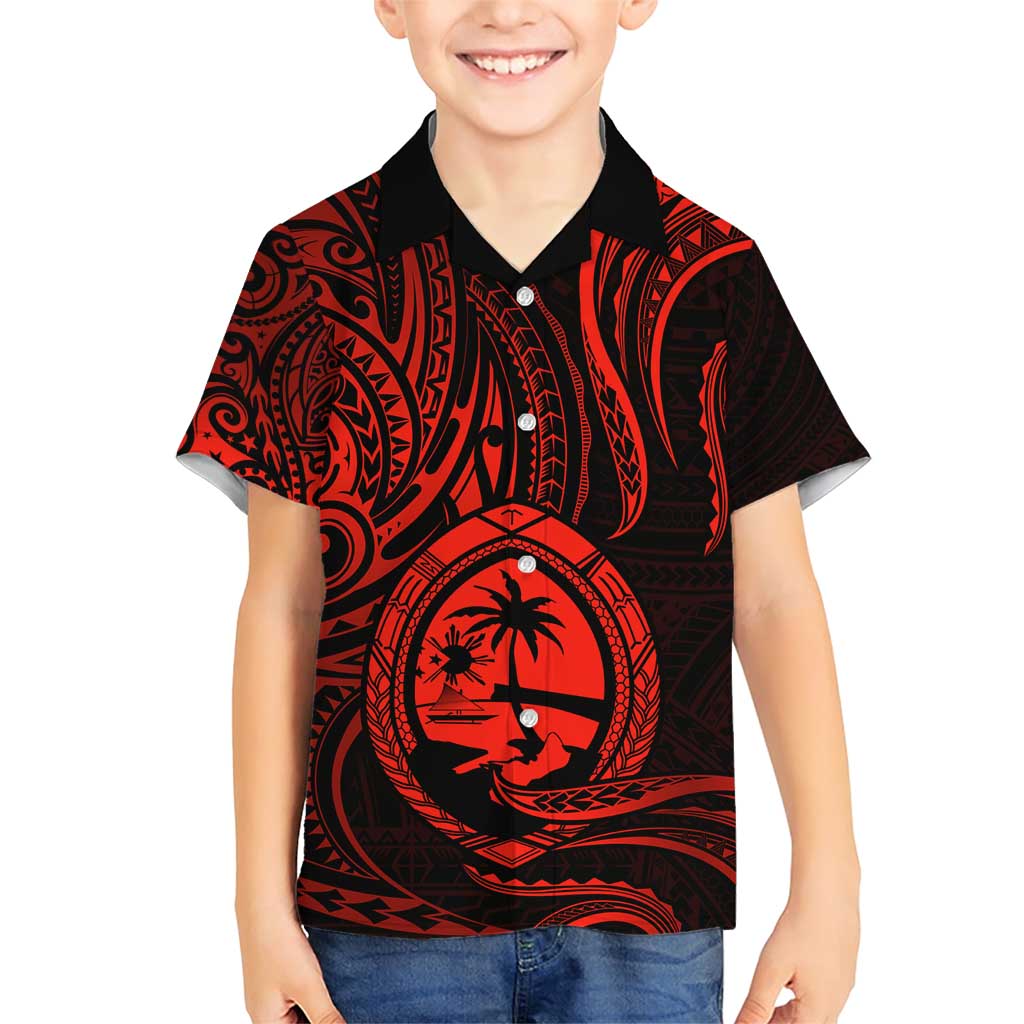 Polynesian Guam Coat of Arms Family Matching Short Sleeve Bodycon Dress and Hawaiian Shirt Polynesian Tribal Tattoo Red Version
