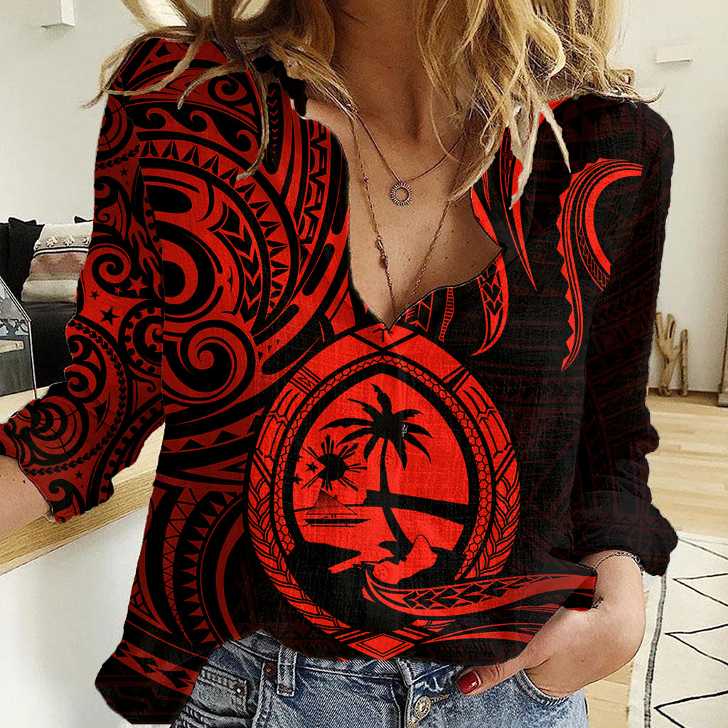 Polynesian Pride Guam Women Casual Shirt With Polynesian Tribal Tattoo and Coat of Arms Red Version LT9 Female Red - Polynesian Pride