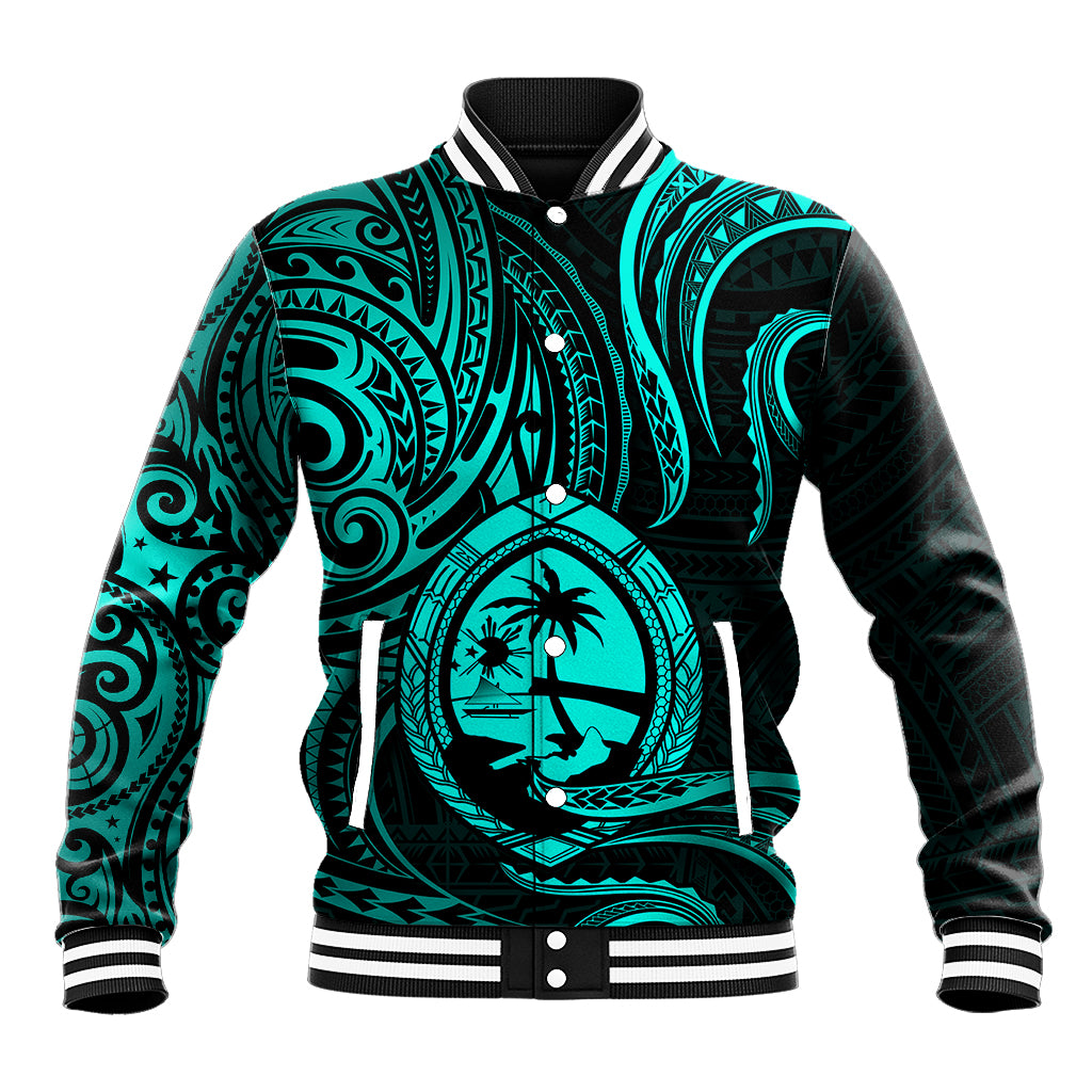 Polynesian Pride Guam Baseball Jacket With Polynesian Tribal Tattoo and Coat of Arms Turquoise Version LT9 Unisex turquoise - Polynesian Pride