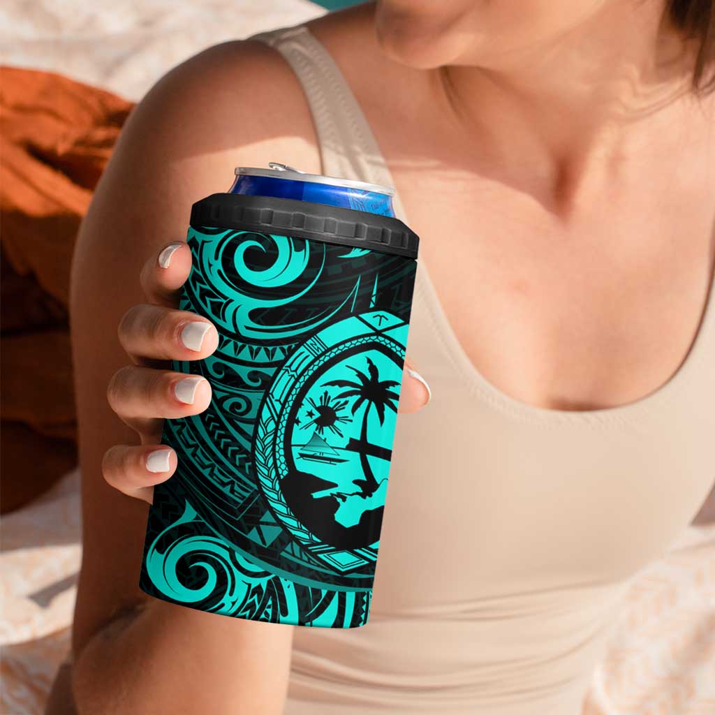 Polynesian Guam Coat of Arms 4 in 1 Can Cooler Tumbler Polynesian Tribal Tattoo Turquoise Version