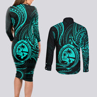Polynesian Guam Coat of Arms Couples Matching Long Sleeve Bodycon Dress and Long Sleeve Button Shirt Polynesian Tribal Tattoo Turquoise Version