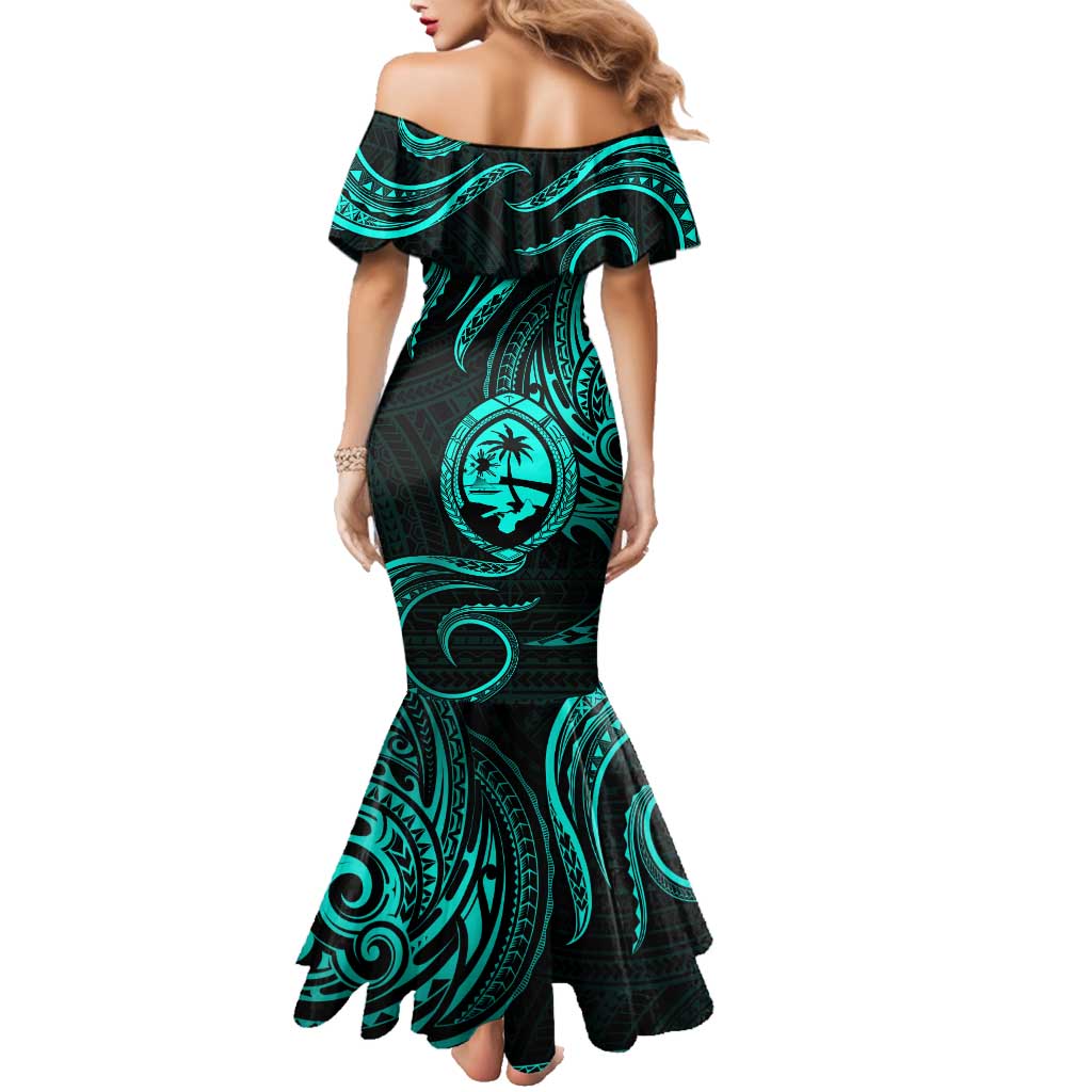 Polynesian Guam Coat of Arms Family Matching Mermaid Dress and Hawaiian Shirt Polynesian Tribal Tattoo Turquoise Version