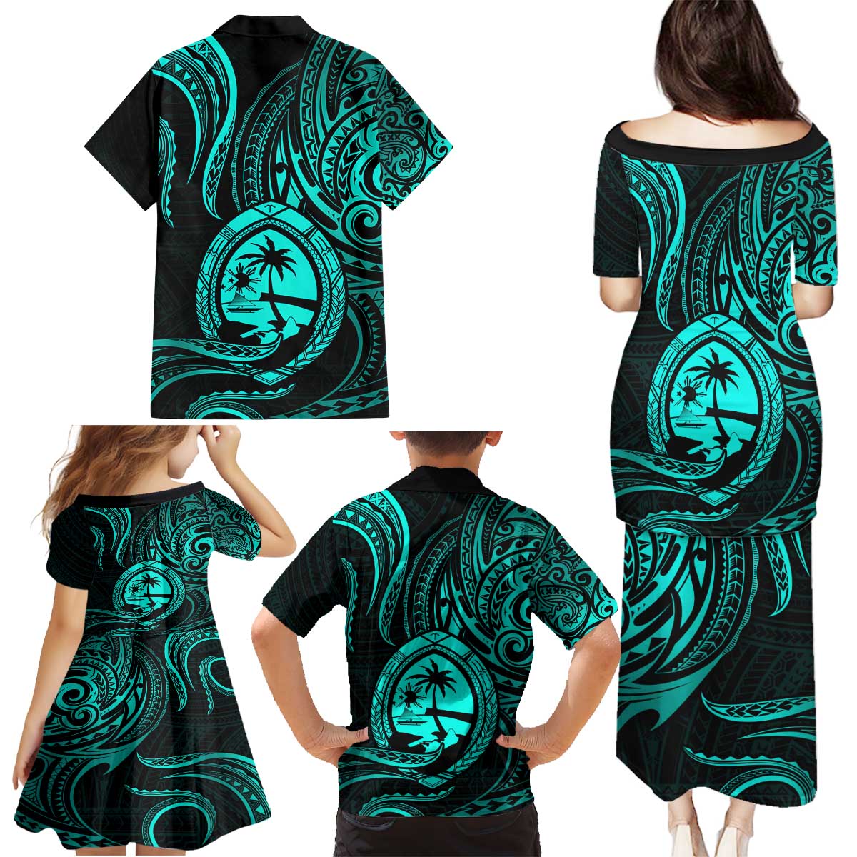 Polynesian Guam Coat of Arms Family Matching Puletasi and Hawaiian Shirt Polynesian Tribal Tattoo Turquoise Version