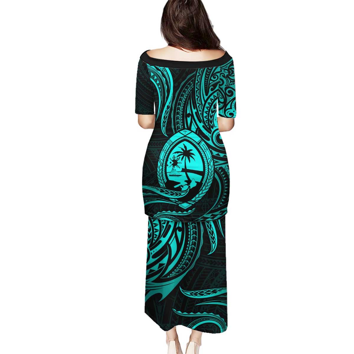 Polynesian Guam Coat of Arms Family Matching Puletasi and Hawaiian Shirt Polynesian Tribal Tattoo Turquoise Version