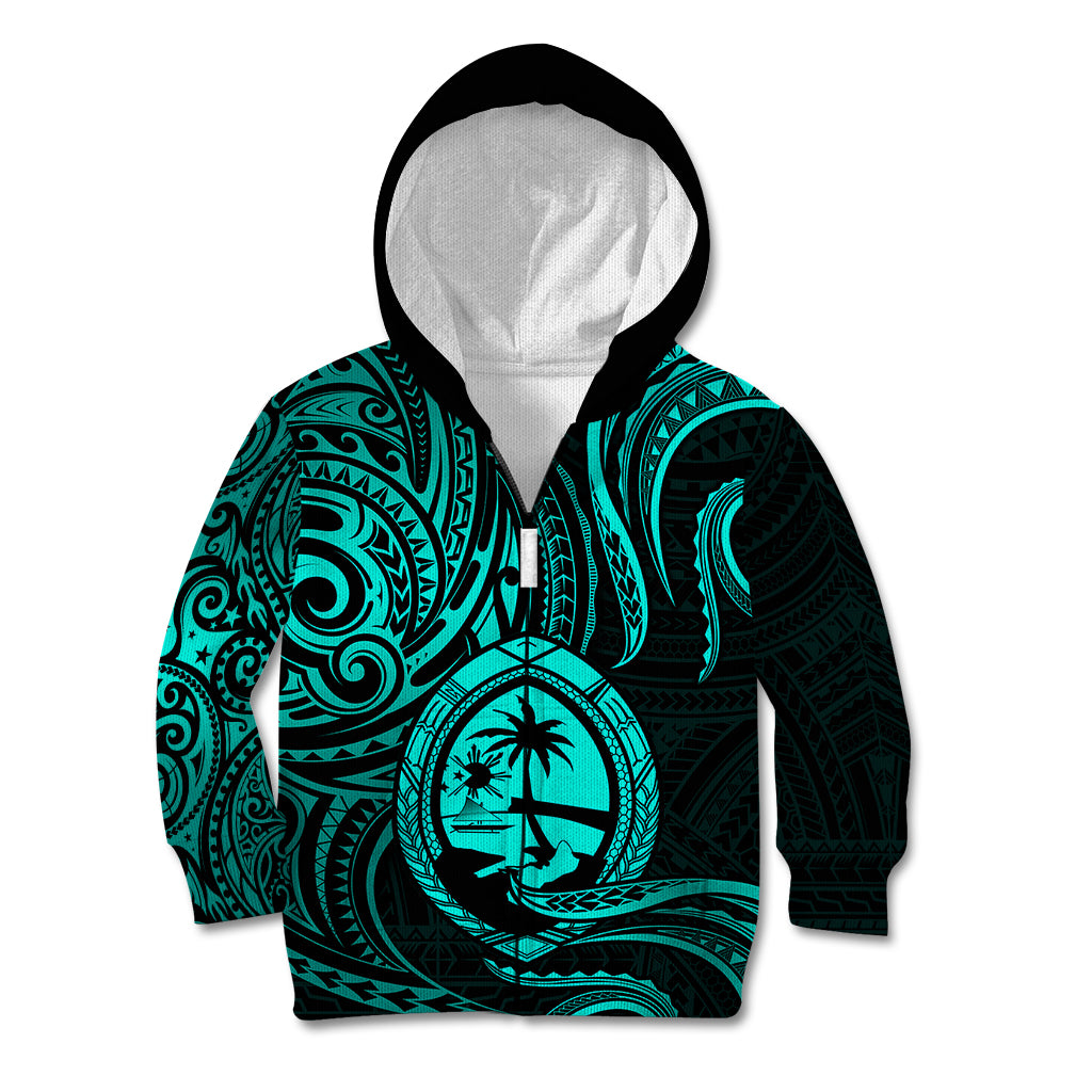 Polynesian Pride Guam Kid Hoodie With Polynesian Tribal Tattoo and Coat of Arms Turquoise Version LT9 - Polynesian Pride