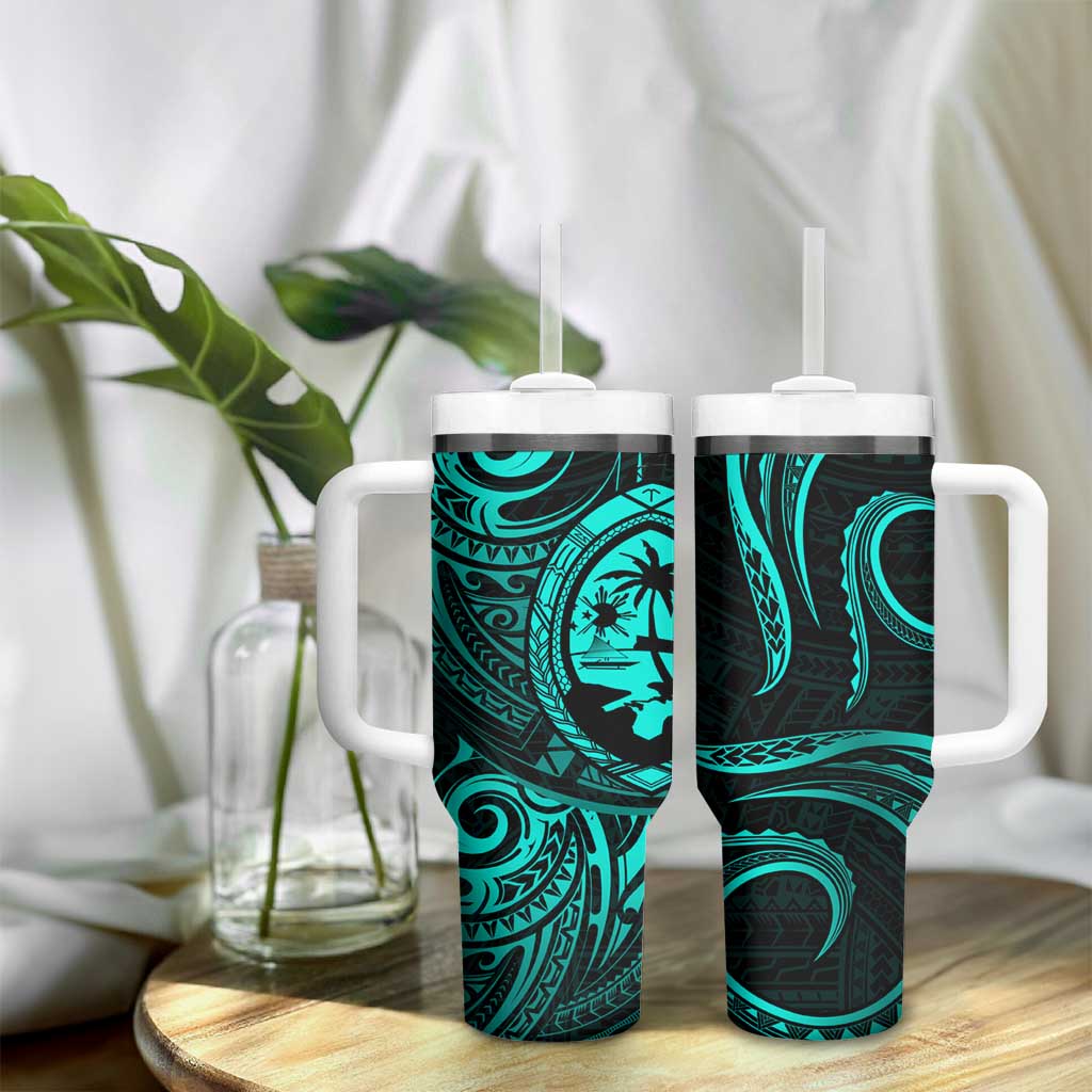 Polynesian Guam Coat of Arms Tumbler With Handle Polynesian Tribal Tattoo Turquoise Version