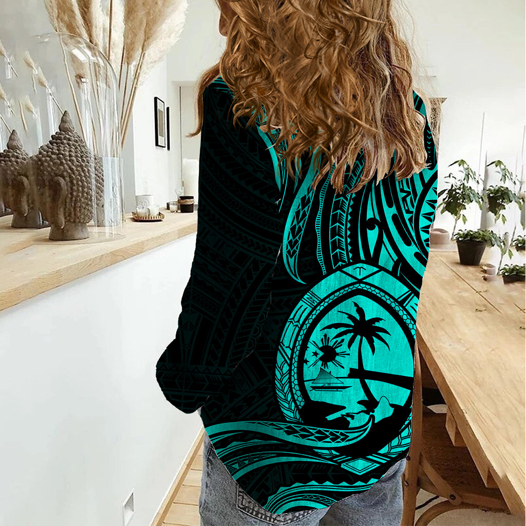 Polynesian Pride Guam Women Casual Shirt With Polynesian Tribal Tattoo and Coat of Arms Turquoise Version LT9 - Polynesian Pride