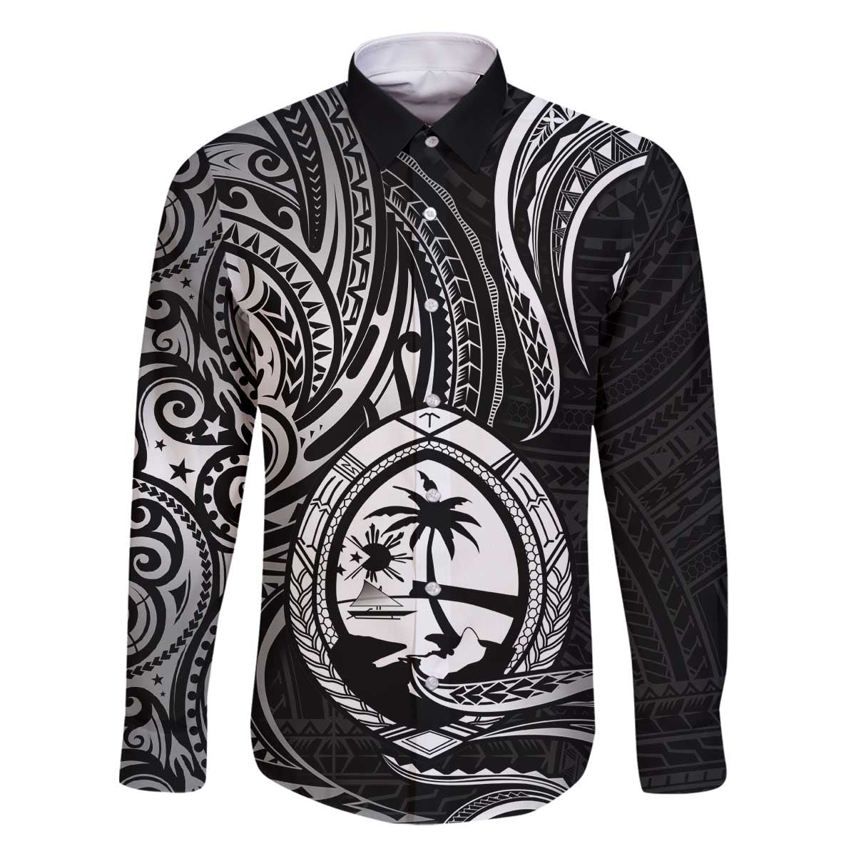 Polynesian Guam Coat of Arms Family Matching Off The Shoulder Long Sleeve Dress and Hawaiian Shirt Polynesian Tribal Tattoo Black Version