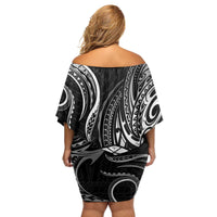 Polynesian Guam Coat of Arms Family Matching Off Shoulder Short Dress and Hawaiian Shirt Polynesian Tribal Tattoo Black Version