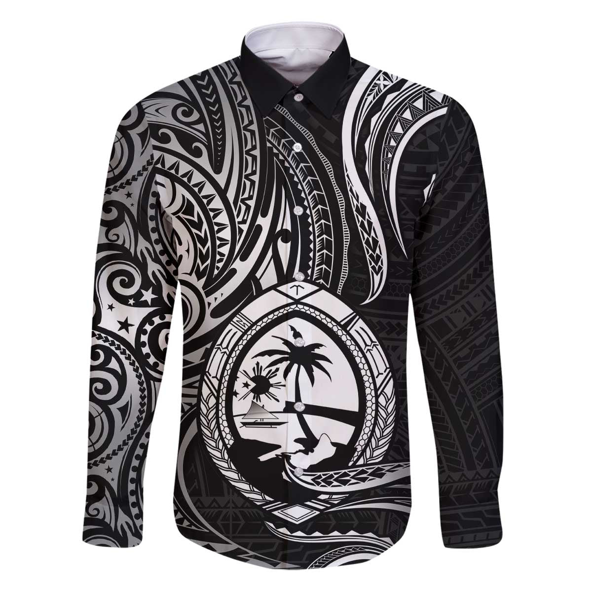 Polynesian Guam Coat of Arms Family Matching Puletasi and Hawaiian Shirt Polynesian Tribal Tattoo Black Version