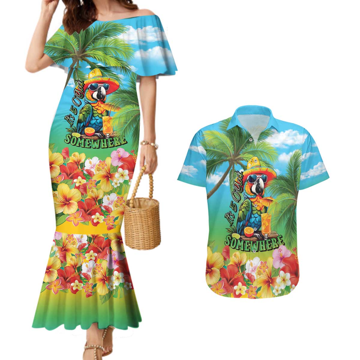 Always 5 O'clock Couples Matching Mermaid Dress and Hawaiian Shirt Hawaiian Tropical Parrot - Polynesian Pride