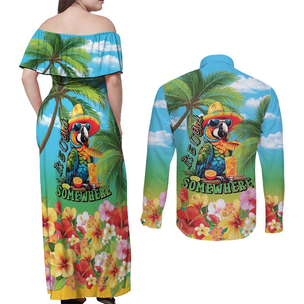 Always 5 O'clock Couples Matching Off Shoulder Maxi Dress and Long Sleeve Button Shirt Hawaiian Tropical Parrot - Polynesian Pride