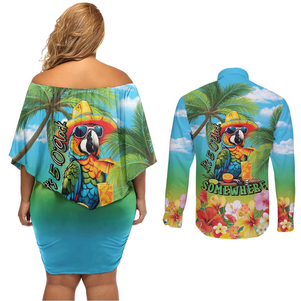 Always 5 O'clock Couples Matching Off Shoulder Short Dress and Long Sleeve Button Shirt Hawaiian Tropical Parrot - Polynesian Pride
