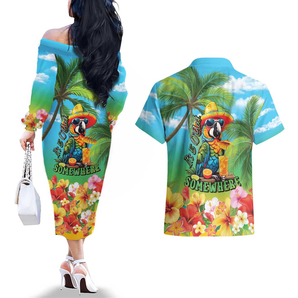 Always 5 O'clock Couples Matching Off The Shoulder Long Sleeve Dress and Hawaiian Shirt Hawaiian Tropical Parrot - Polynesian Pride