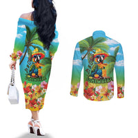 Always 5 O'clock Couples Matching Off The Shoulder Long Sleeve Dress and Long Sleeve Button Shirt Hawaiian Tropical Parrot - Polynesian Pride