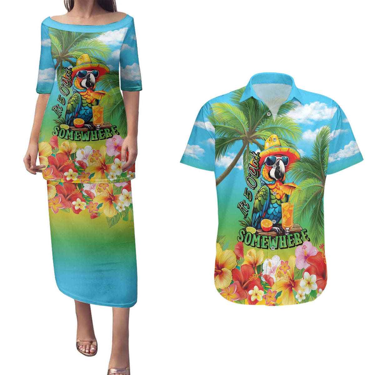 Always 5 O'clock Couples Matching Puletasi and Hawaiian Shirt Hawaiian Tropical Parrot LT9 Blue - Polynesian Pride