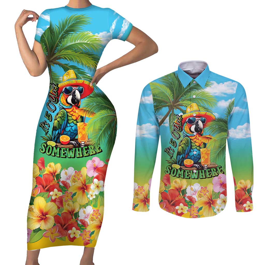 Always 5 O'clock Couples Matching Short Sleeve Bodycon Dress and Long Sleeve Button Shirt Hawaiian Tropical Parrot - Polynesian Pride