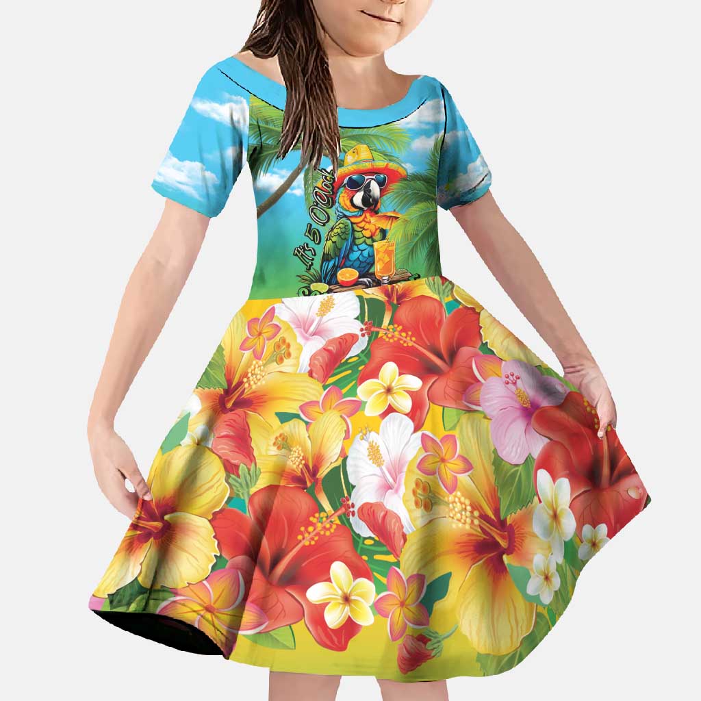 Always 5 O'clock Family Matching Short Sleeve Bodycon Dress and Hawaiian Shirt Hawaiian Tropical Parrot LT9 Daughter's Dress Blue - Polynesian Pride