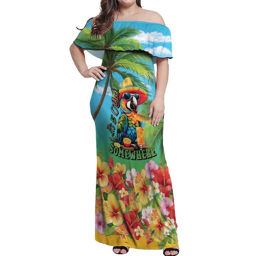 Always 5 O'clock Off Shoulder Maxi Dress Hawaiian Tropical Parrot - Polynesian Pride