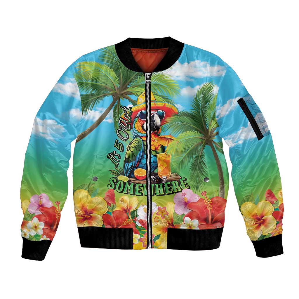 Always 5 O'clock Sleeve Zip Bomber Jacket Hawaiian Tropical Parrot LT9 Unisex Blue - Polynesian Pride