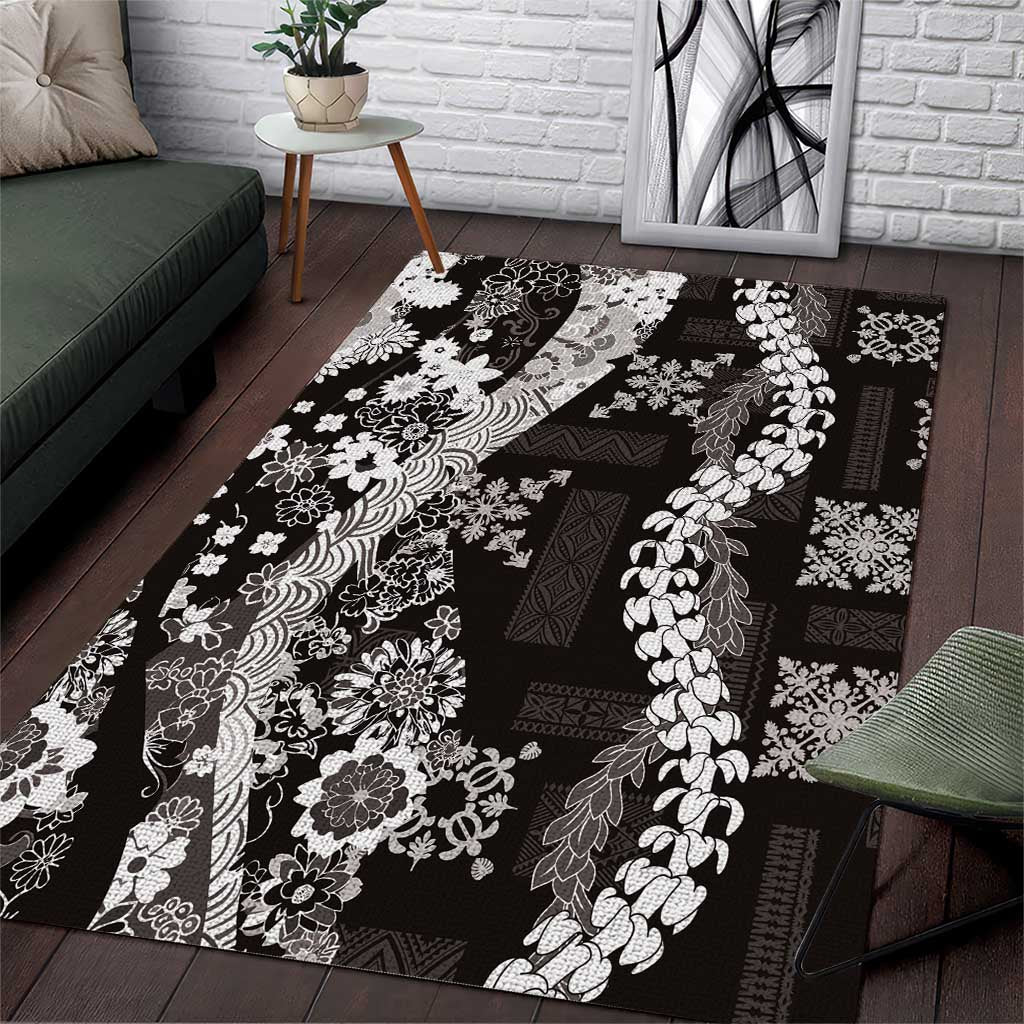 Hawaii Puakenikeni and Maile Lei Area Rug Black Japanese Wave Style - Polynesian Pride