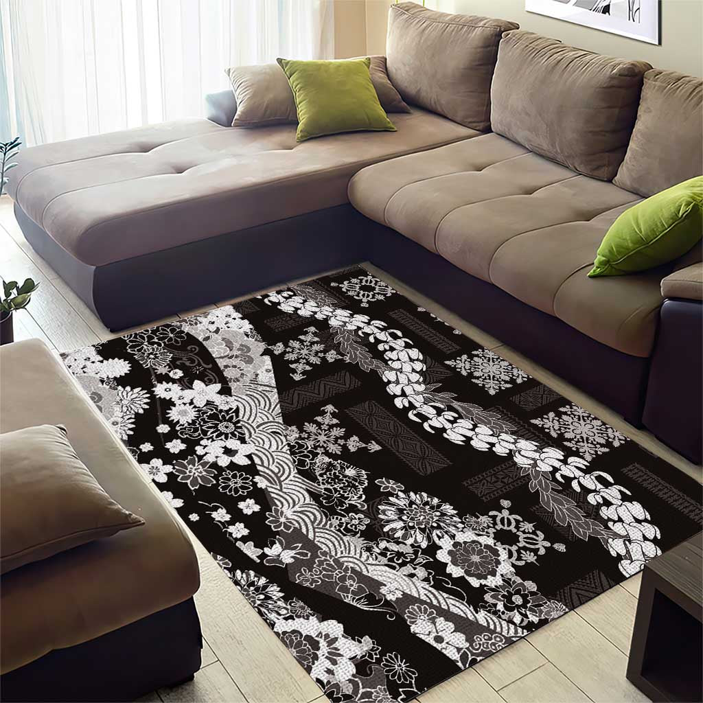 Hawaii Puakenikeni and Maile Lei Area Rug Black Japanese Wave Style - Polynesian Pride