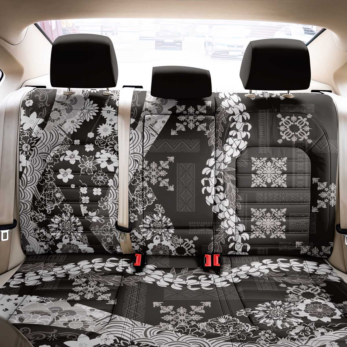 Hawaii Puakenikeni and Maile Lei Back Car Seat Cover Black Japanese Wave Style LT9 - Polynesian Pride