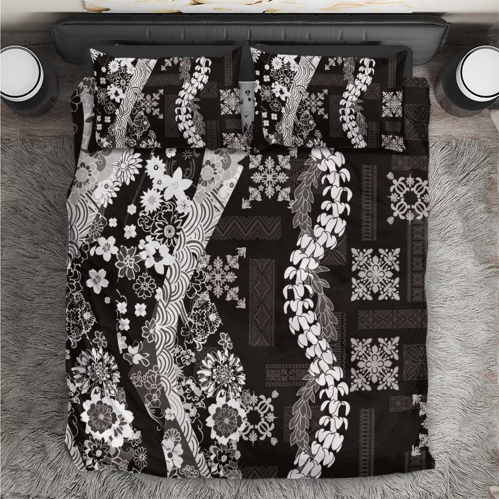 Hawaii Puakenikeni and Maile Lei Bedding Set Black Japanese Wave Style - Polynesian Pride