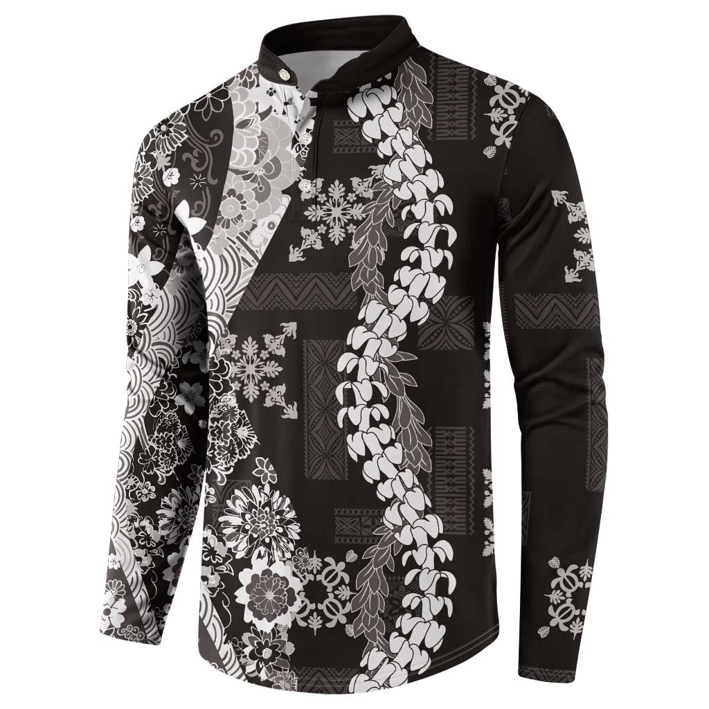 Hawaii Puakenikeni and Maile Lei Button Sweatshirt Black Japanese Wave Style - Polynesian Pride