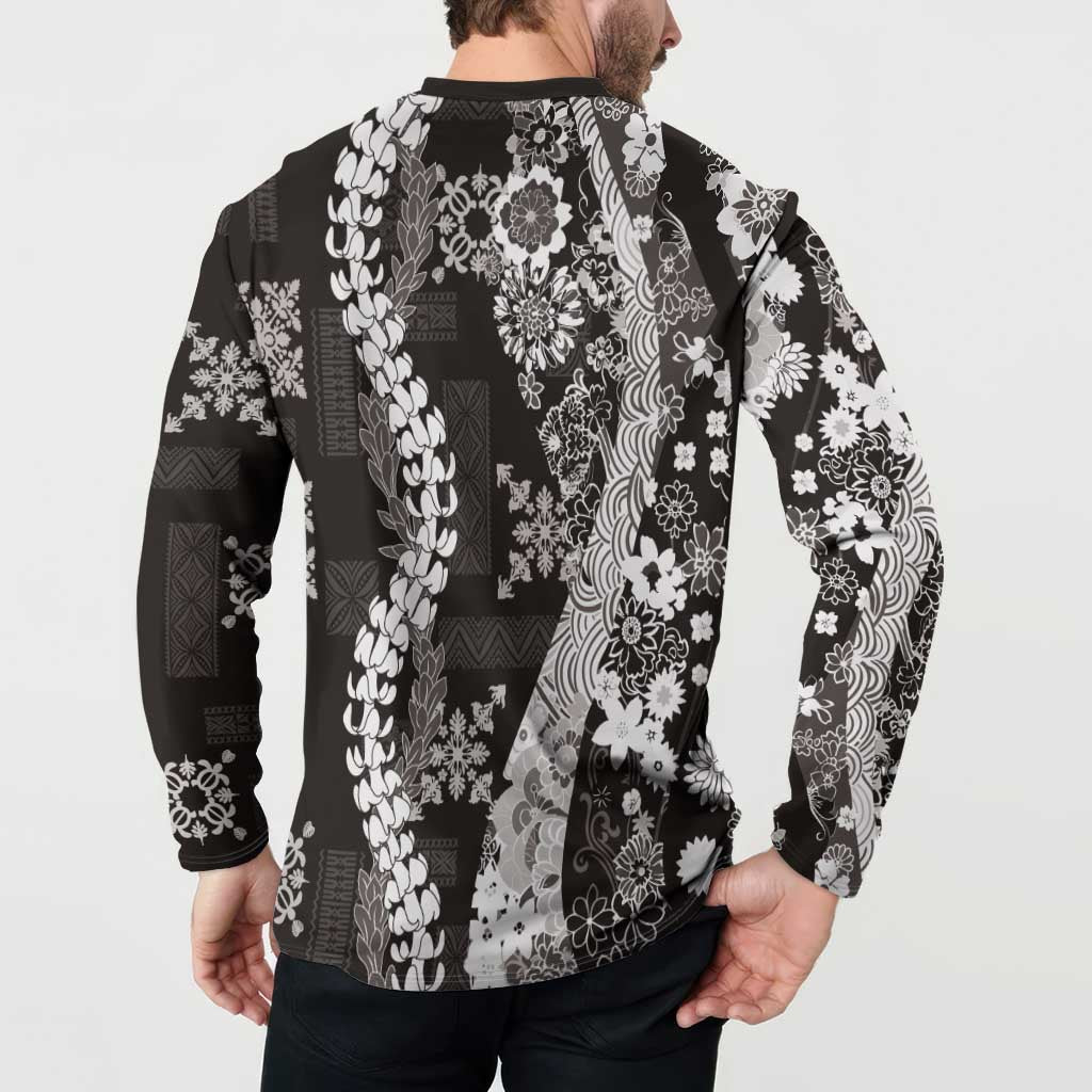 Hawaii Puakenikeni and Maile Lei Button Sweatshirt Black Japanese Wave Style - Polynesian Pride