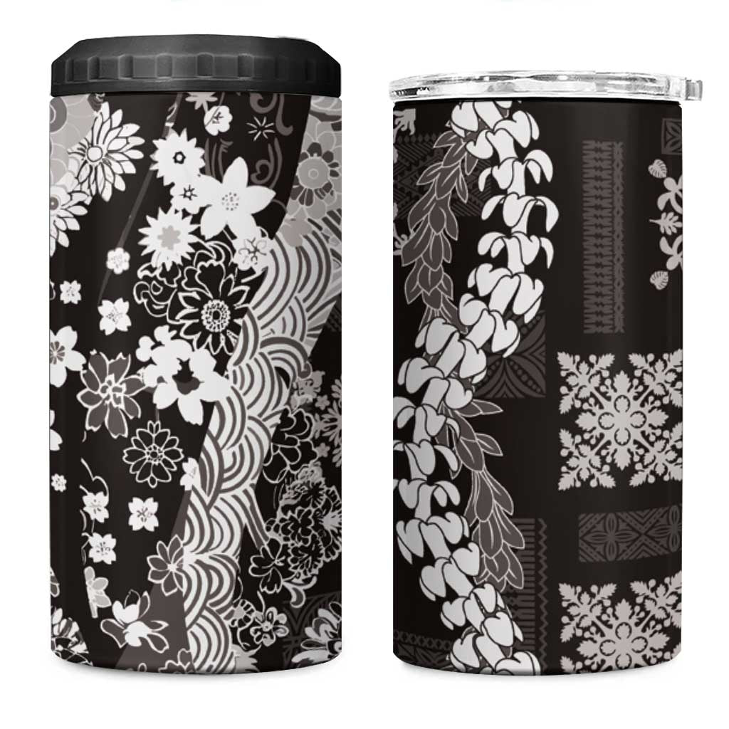 Hawaii Puakenikeni and Maile Lei 4 in 1 Can Cooler Tumbler Black Japanese Wave Style - Polynesian Pride