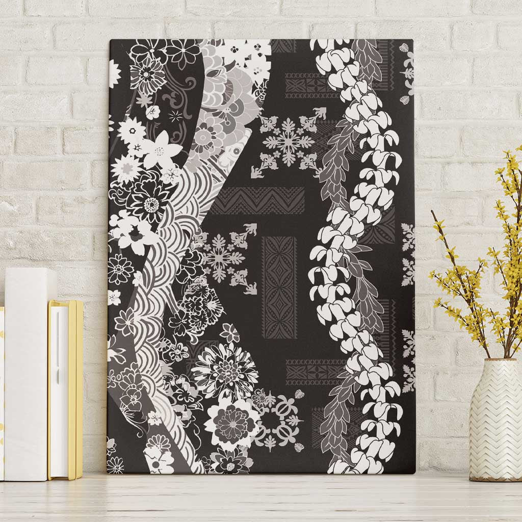 Hawaii Puakenikeni and Maile Lei Canvas Wall Art Black Japanese Wave Style - Polynesian Pride