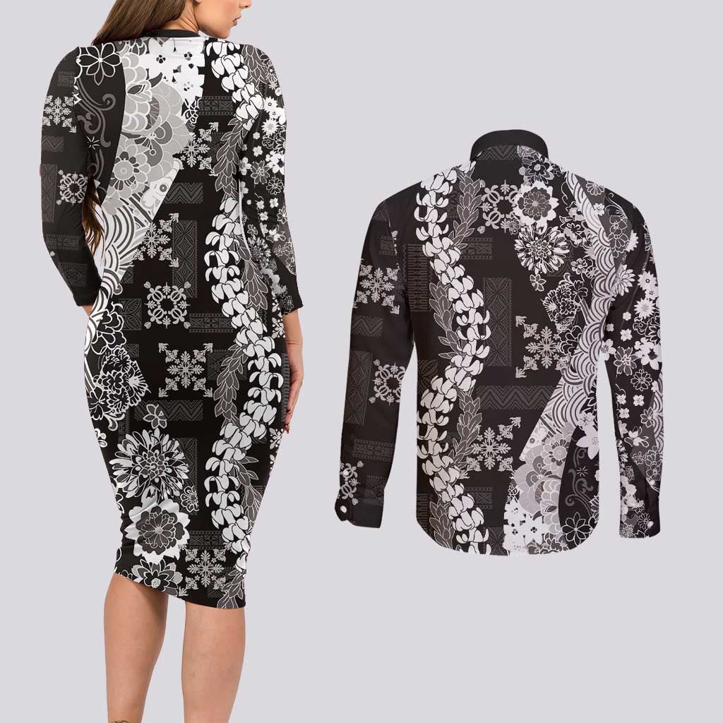 Hawaii Puakenikeni and Maile Lei Couples Matching Long Sleeve Bodycon Dress and Long Sleeve Button Shirt Black Japanese Wave Style - Polynesian Pride